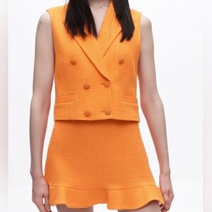 Zara Textured Orange Cropped Vest and Ruffle Orange Mini Skirt